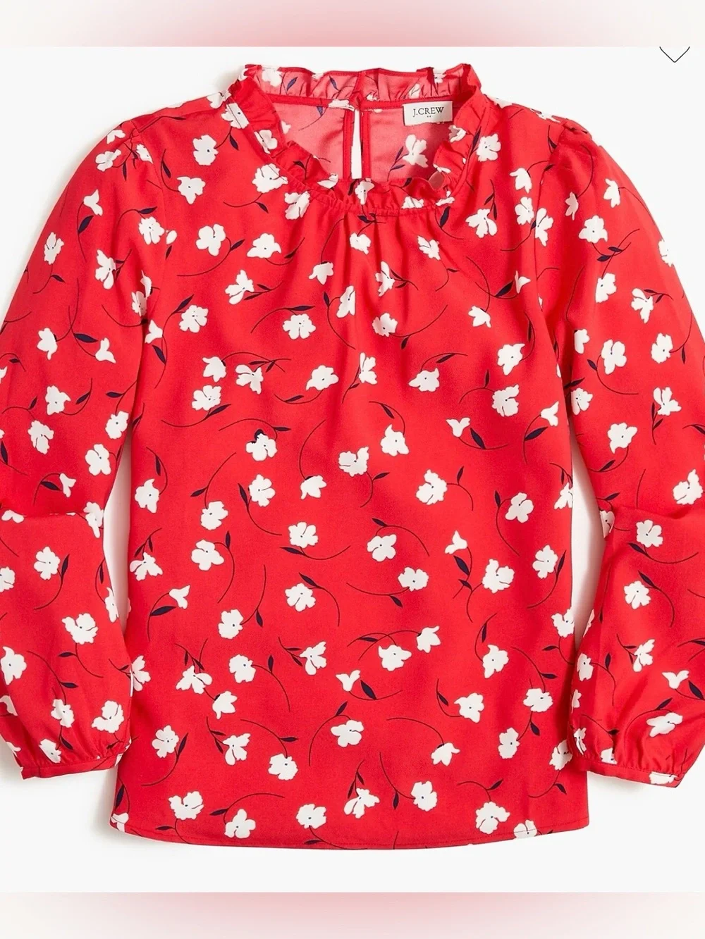 J. CREW | Red and White Floral Print Ruffle Detail Blouse Top Sz. Medium Preppy